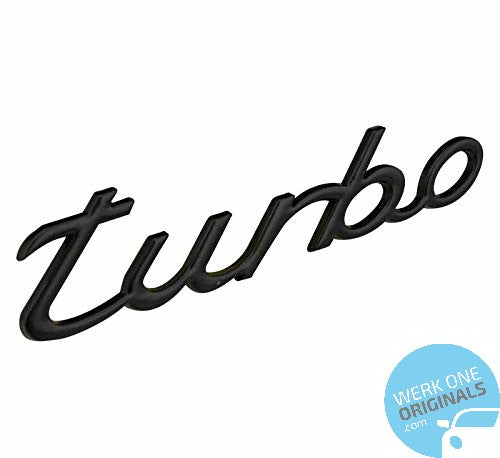 Official Porsche 'Turbo' Rear Badge Logo in Matte Black for Macan Models.