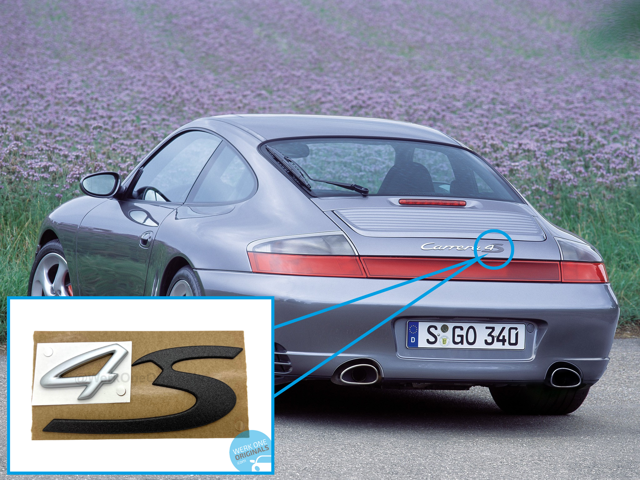 Official Porsche '4S' Rear Badge Logo in Matte Silver & Titanium Grey for 911 Type 996 Carrera 4S Models