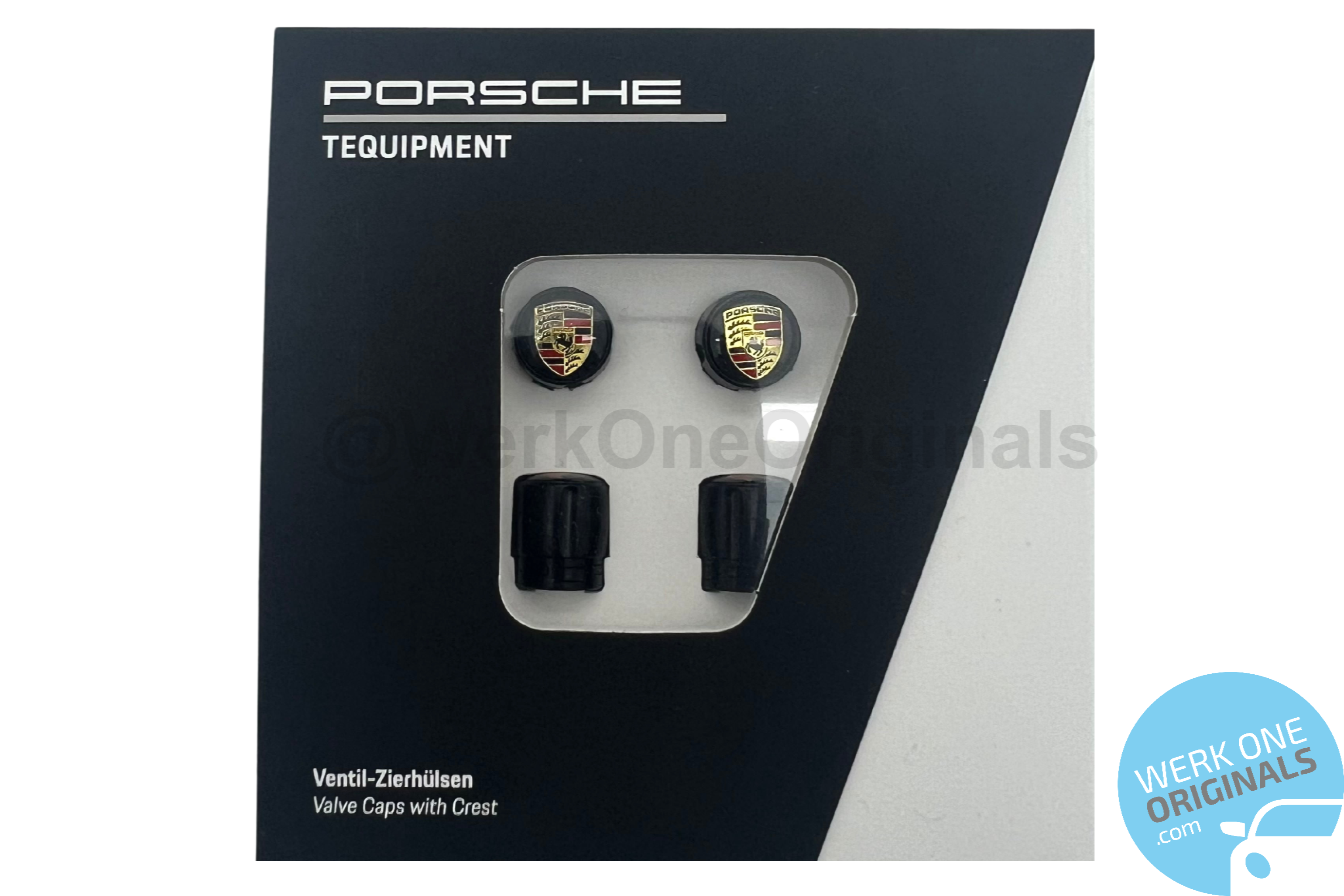 Porsche Official Valve Caps in Black with featured Colour Crest for TPMS Alloy Wheels