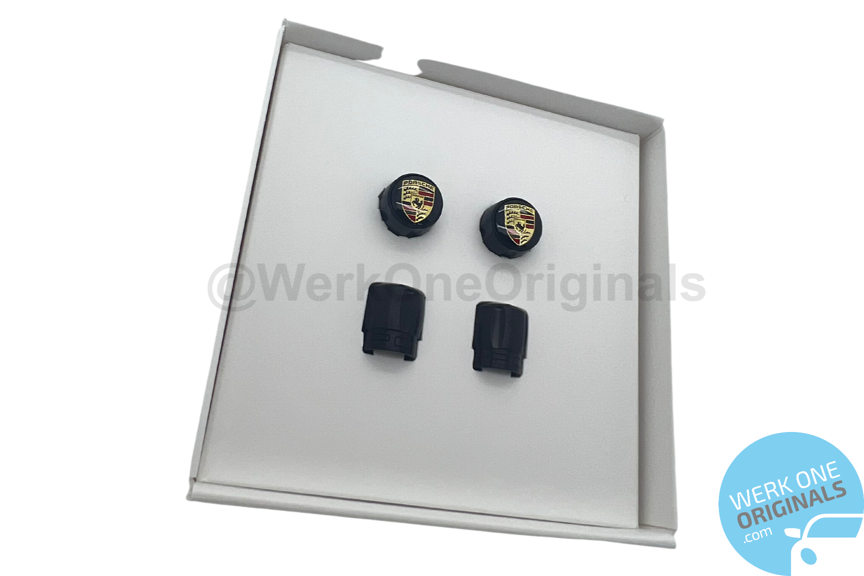 Porsche Official Valve Caps in Black with featured Colour Crest for TPMS Alloy Wheels