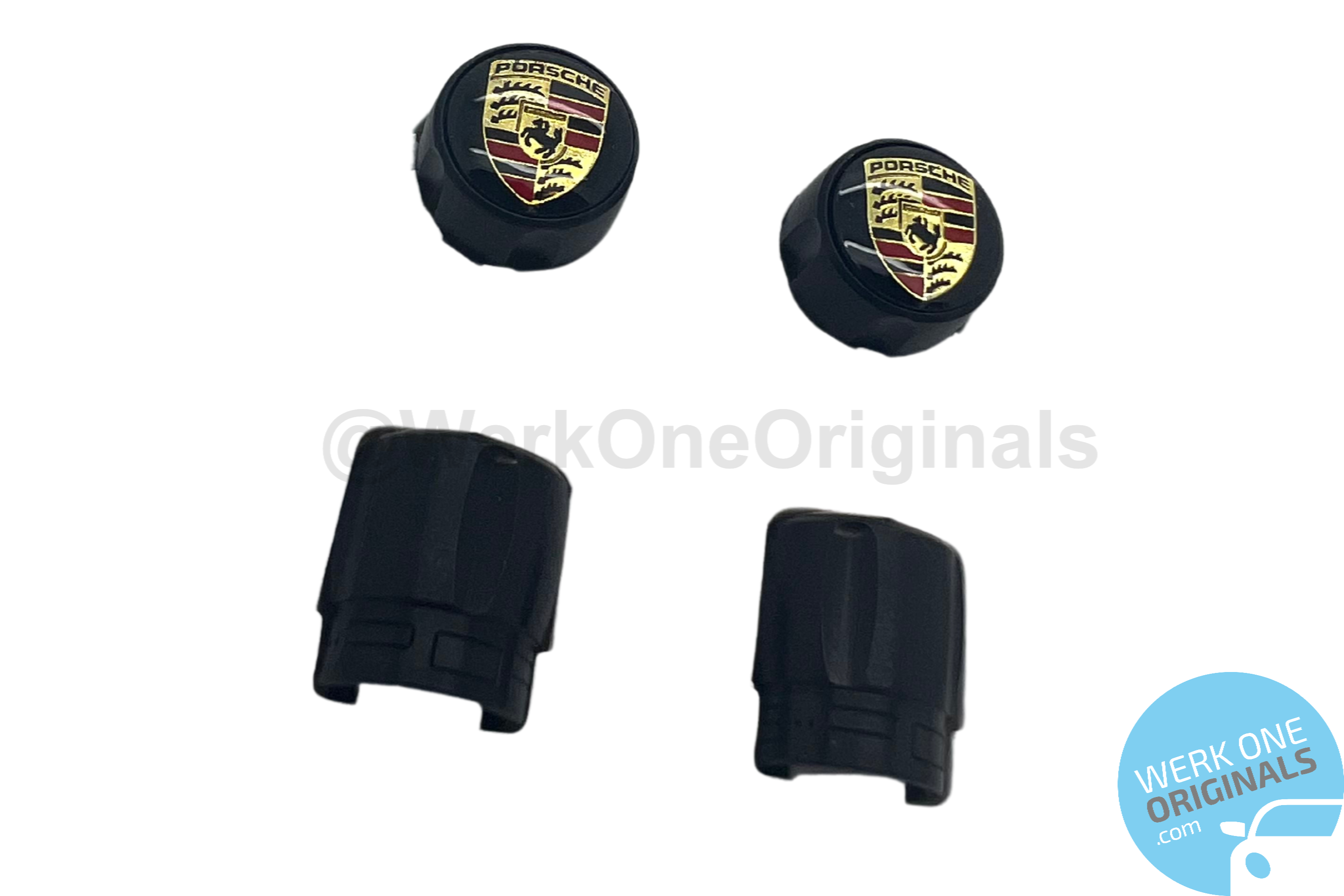 Porsche Official Valve Caps in Black with featured Colour Crest for TPMS Alloy Wheels