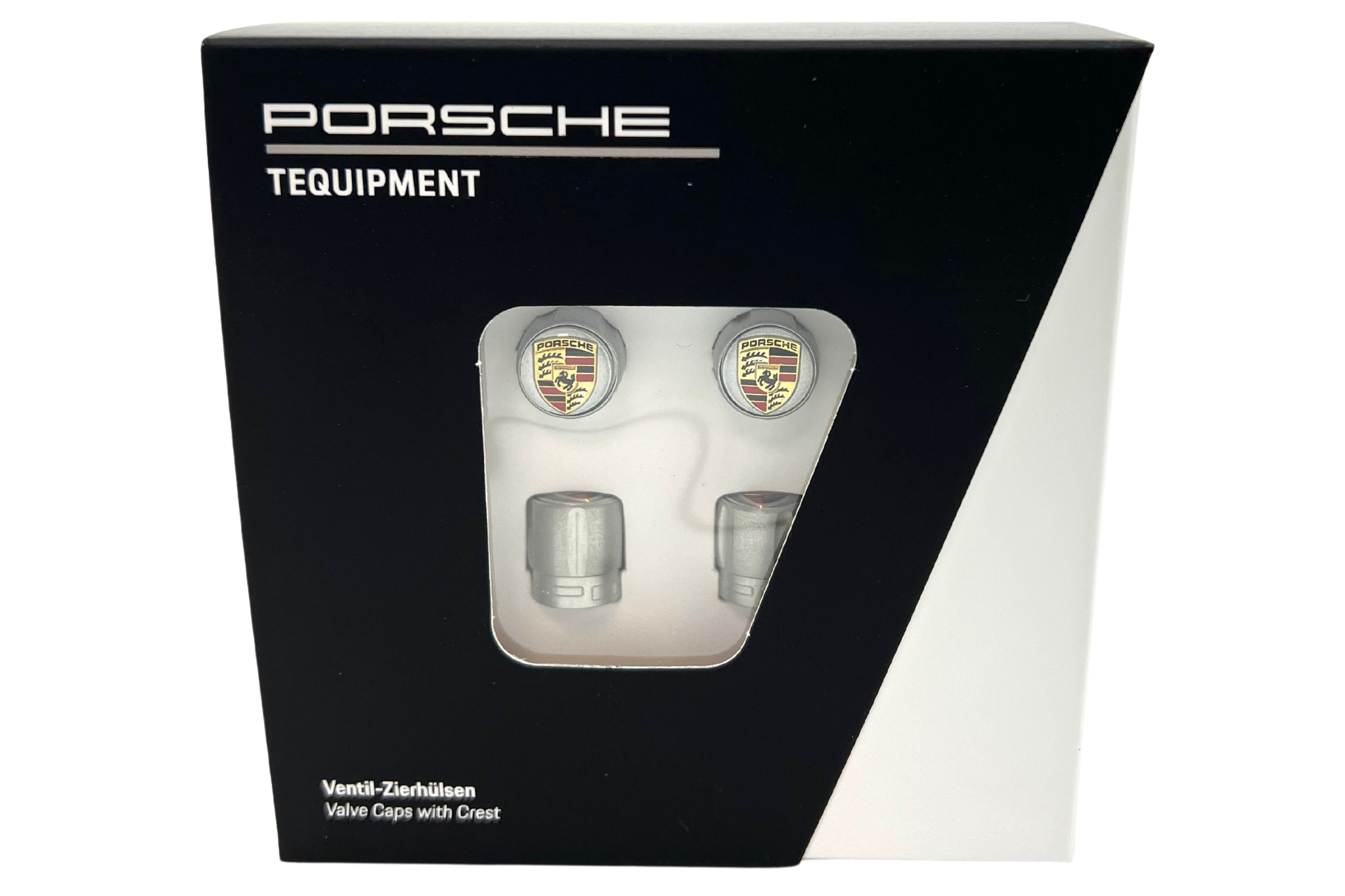 Porsche Official Valve Caps in Silver with featured Colour Crest for TPMS Alloy Wheels