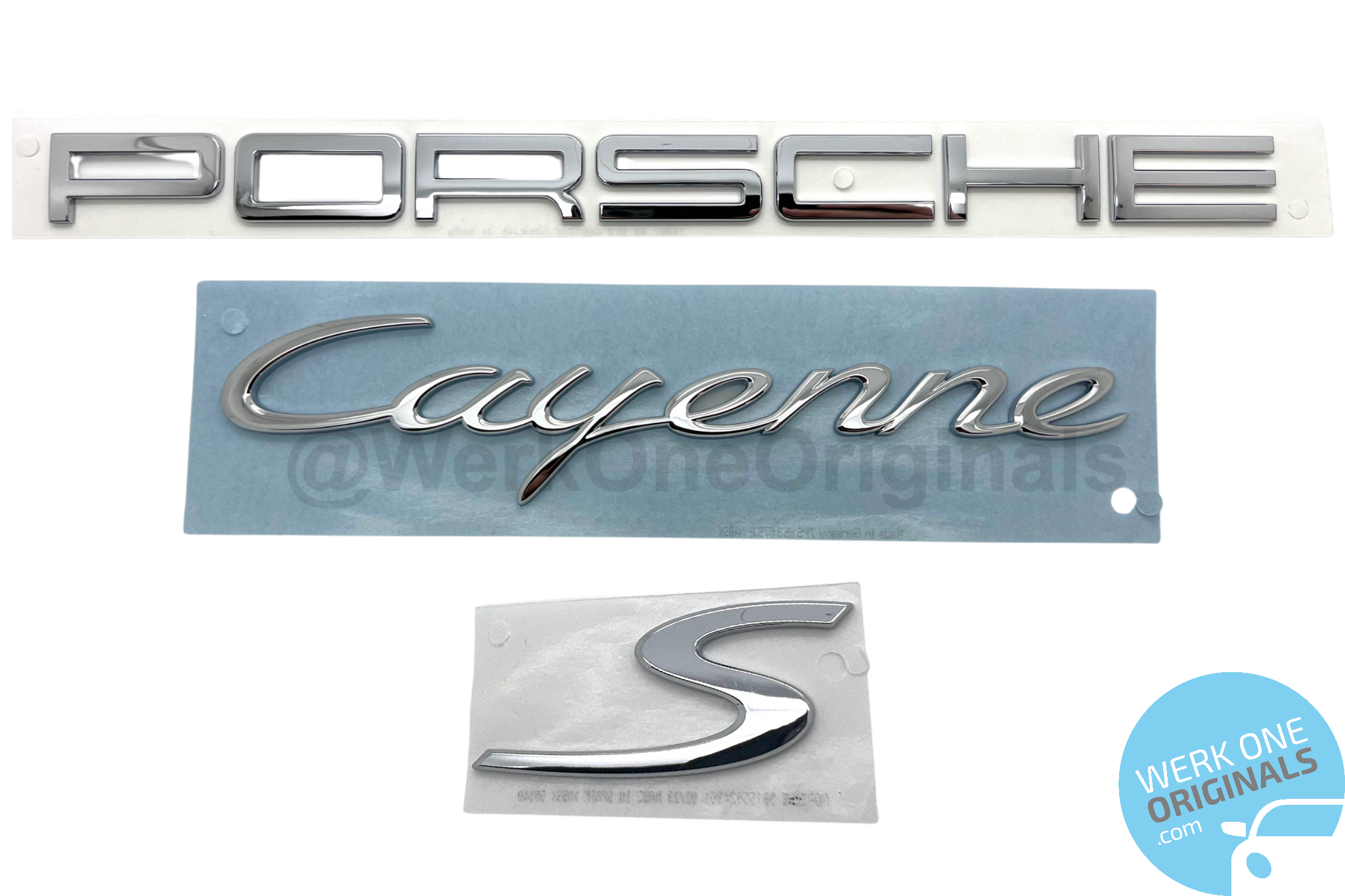 Official 'Porsche Cayenne S' Rear Badge Logo in Chrome Silver for Cayenne S Type 958 Models