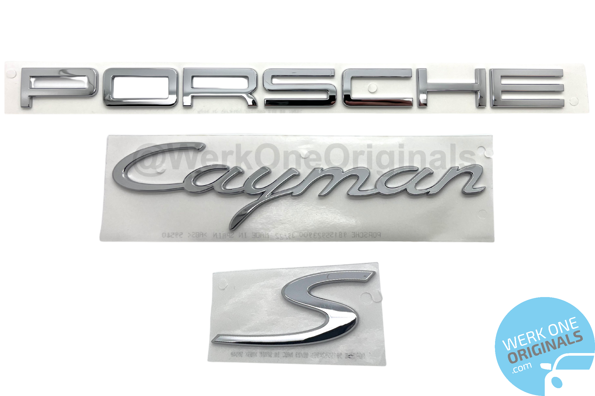 'PORSCHE Cayman S' Rear Badge Decal in Chrome Silver for Cayman S Type 981 Models