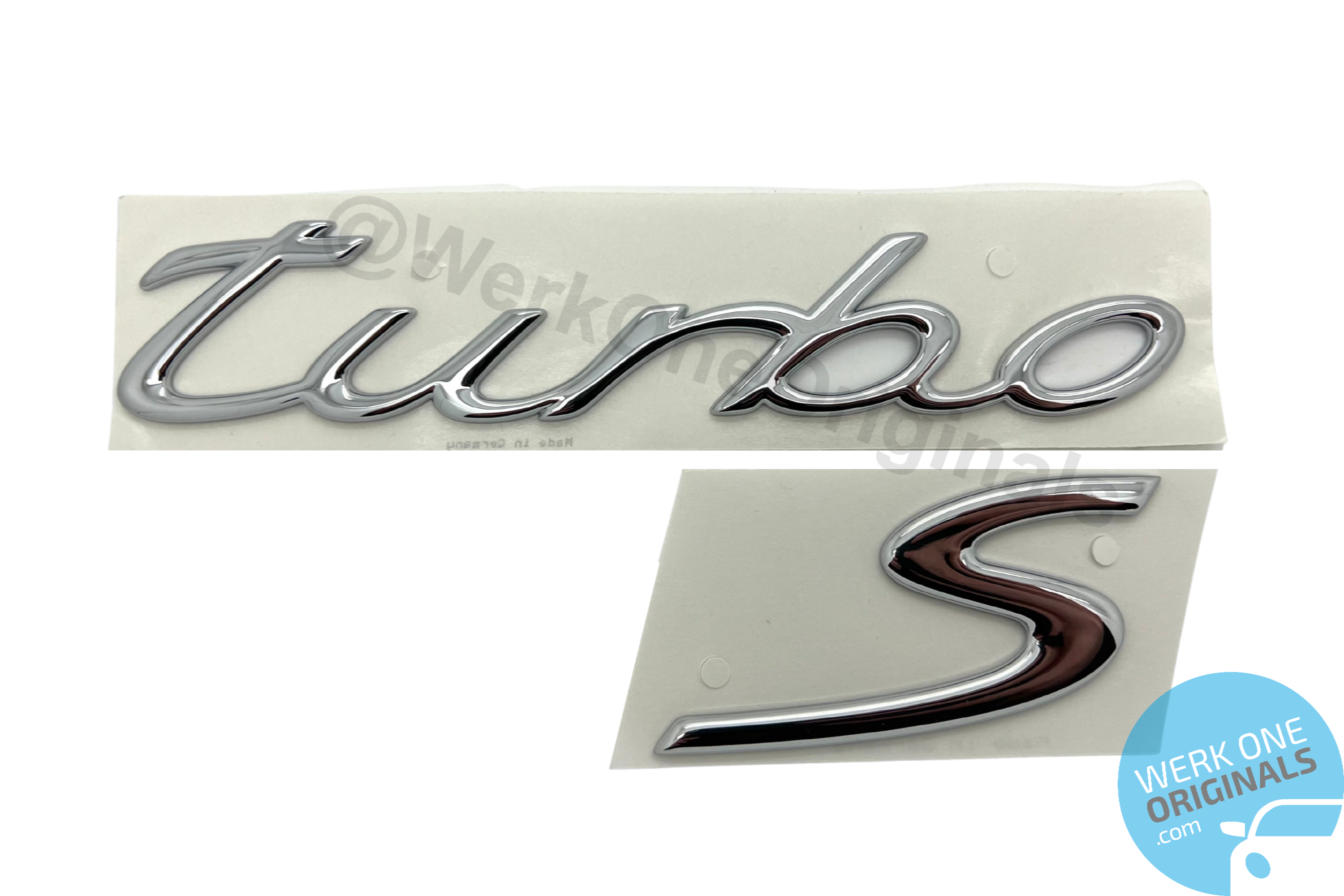 Porsche Official 'Turbo S' Rear Badge Decal in Chrome Silver for 996 Turbo S Models