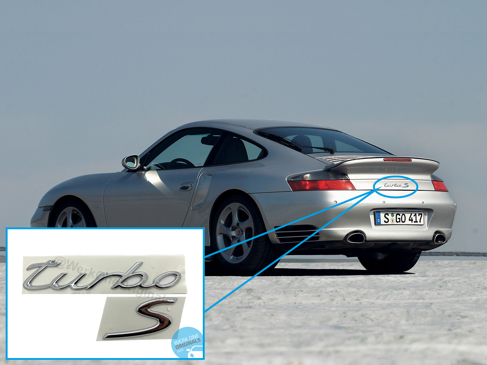 Porsche Official 'Turbo S' Rear Badge Decal in Chrome Silver for 996 Turbo S Models