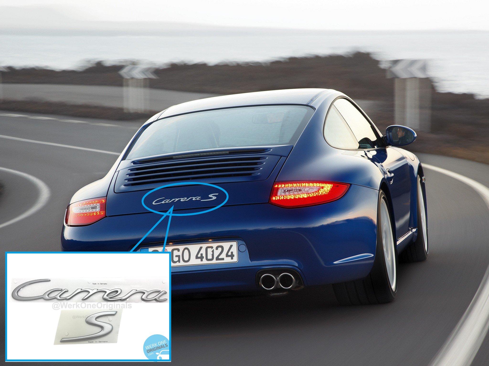 Porsche Official 'Carrera S' Rear Badge in Matte Silver for 911 Type 997 Carrera S Models