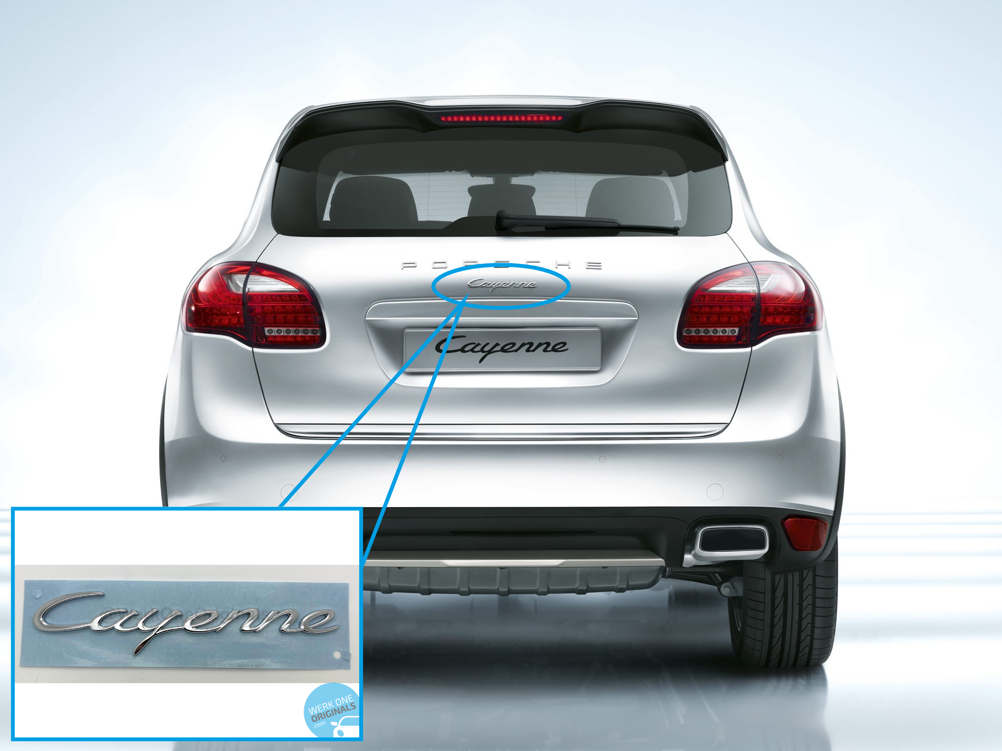 Official Porsche 'Cayenne' Rear Badge Logo in Chrome Silver for Cayenne Type 958 Models