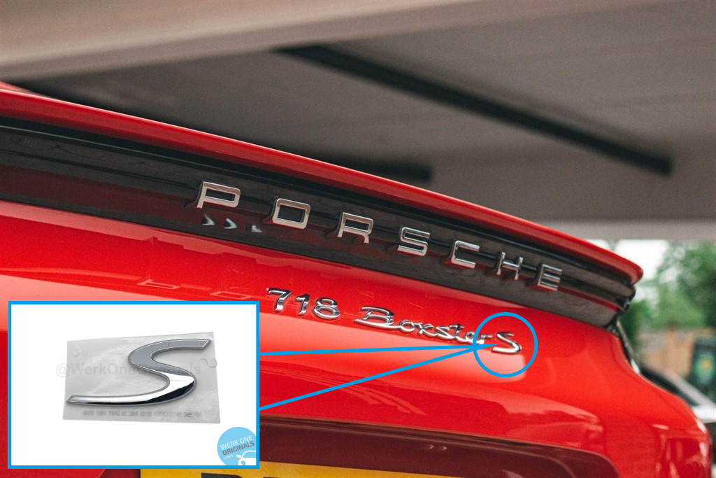 Porsche Official 'S' Rear Badge Decal in Chrome Silver for Boxster S Type 718 Models