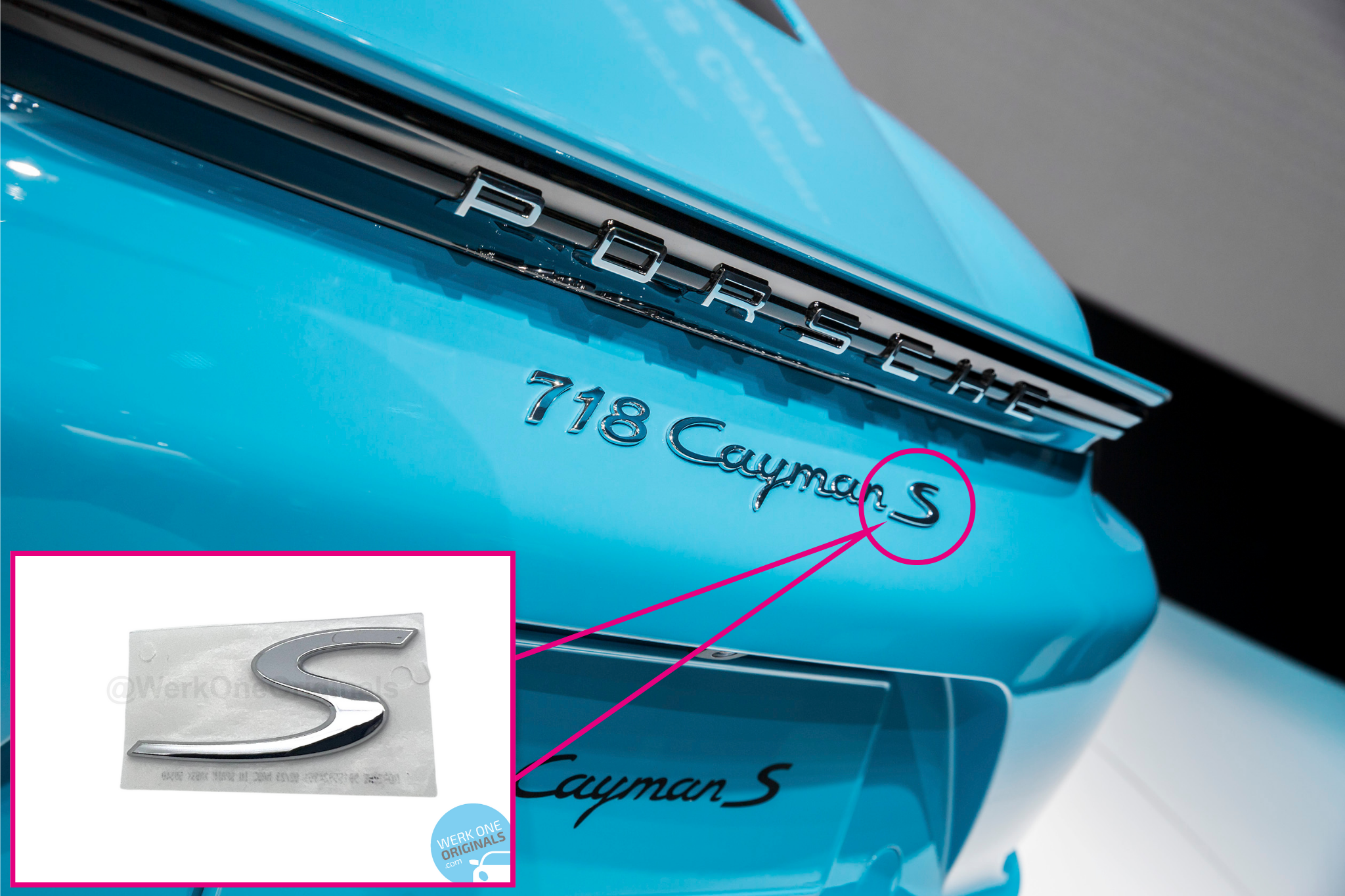 Porsche Official 'S' Rear Badge Decal in Chrome Silver for Cayman S Type 718 Models