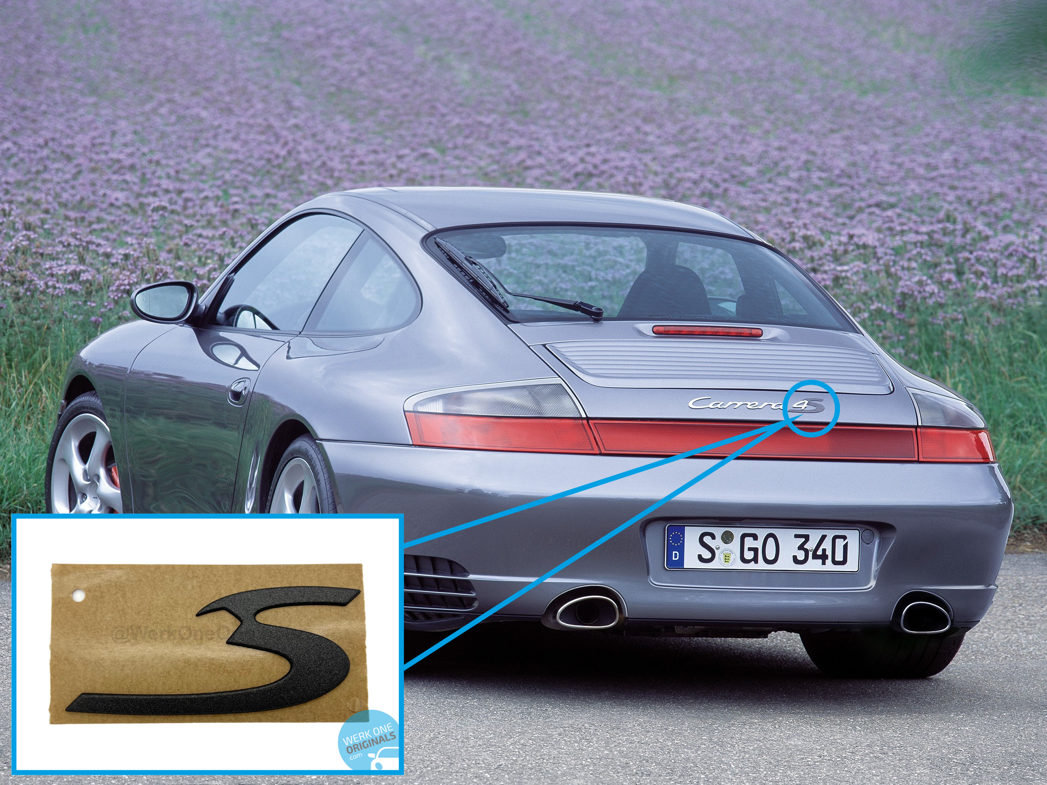 Official Porsche 'S' Rear Badge Logo in Titanium Grey for 911 Type 996 Carrera 4S Models