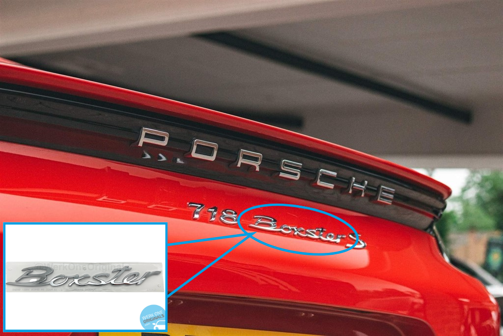 Porsche Official 'Boxster' Rear Badge Decal in Chrome Silver for Boxster Type 718 Models