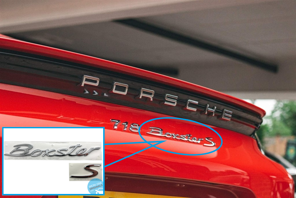 Porsche Official 'Boxster S' Rear Badge Decal in Chrome Silver for Boxster S Type 718 Models