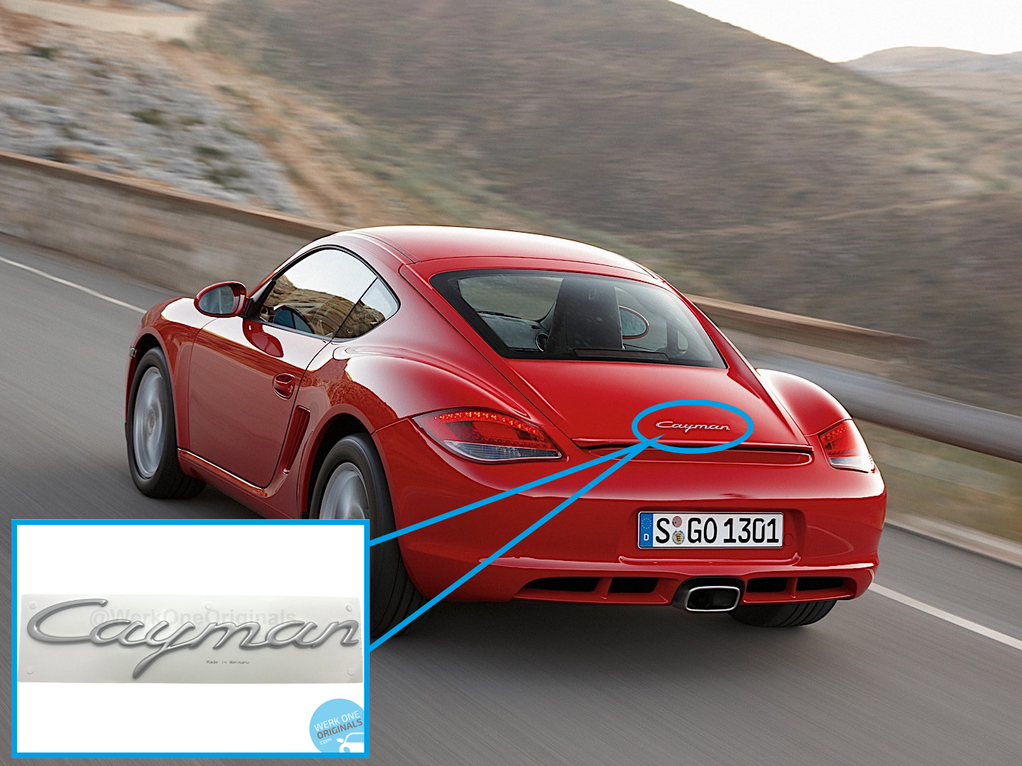 Official Porsche 'Cayman' Rear Badge in Satin Aluminium for Cayman Type 987 Models.