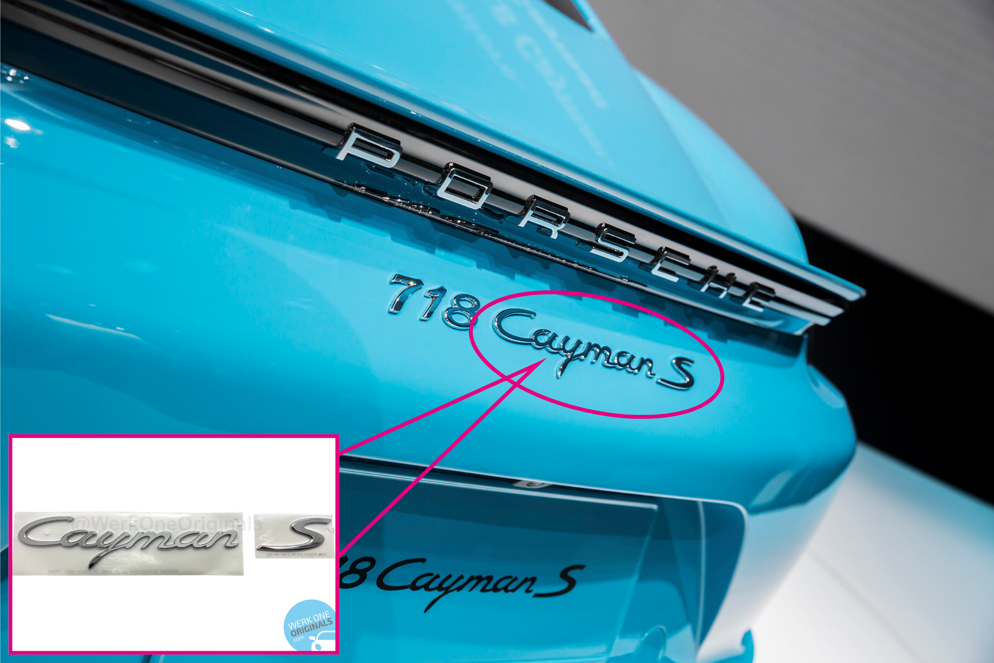 Porsche Official 'Cayman S' Rear Badge Decal in Chrome Silver for Cayman S Type 718 Models