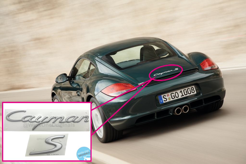 Official Porsche 'Cayman S' Rear Badge in Satin Aluminium for Cayman S Type 987 Models