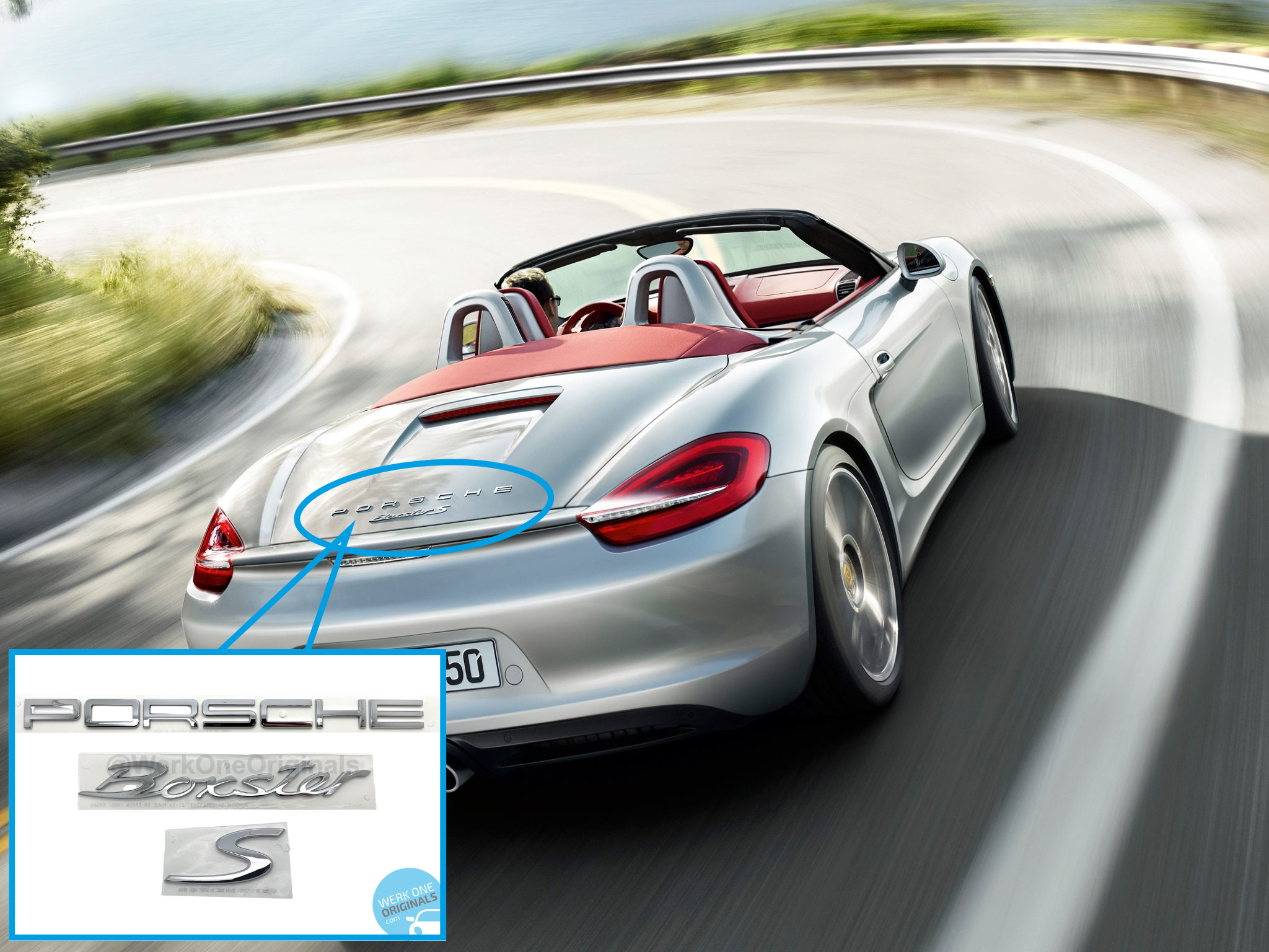 'PORSCHE Boxster S' Rear Badge Decal in Chrome Silver for Boxster S Type 981 Models