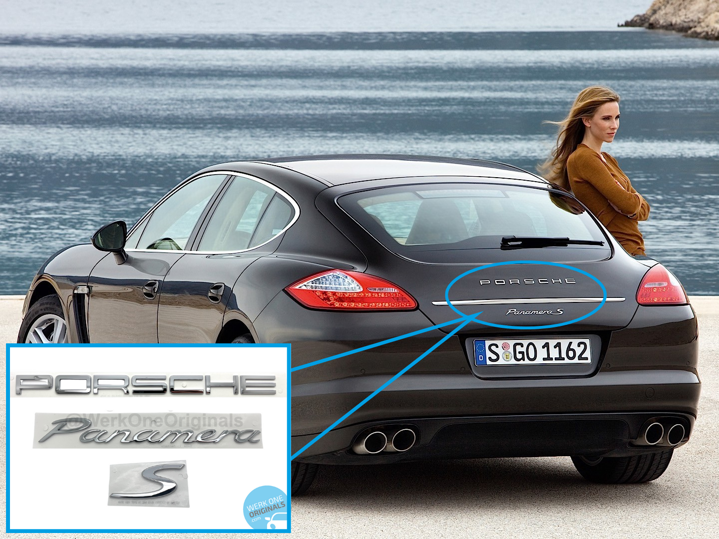 Porsche Official 'Porsche Panamera S' Rear Badge Decal in Chrome Silver for Panamera S Type 907 & 970 Models