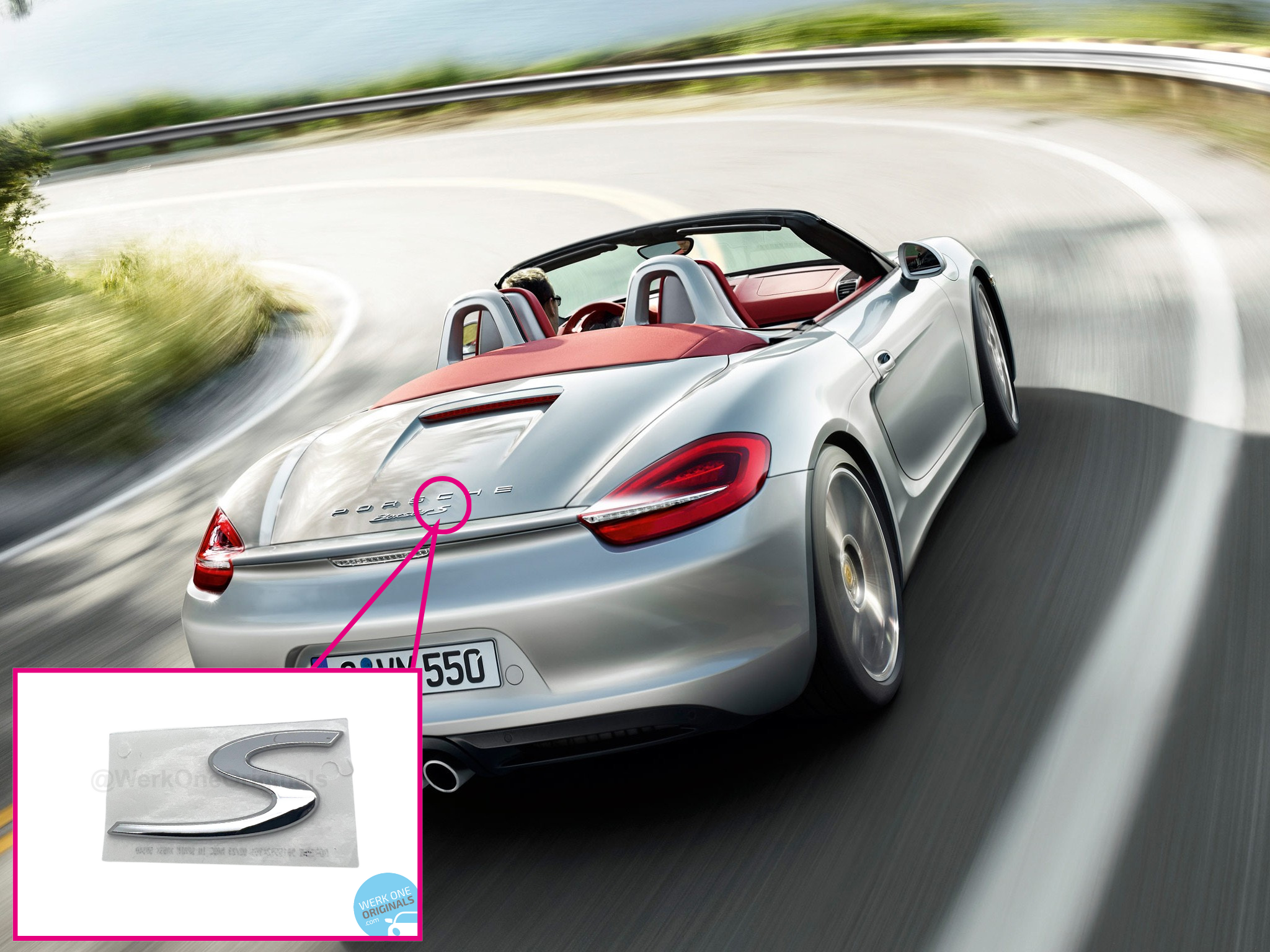 Porsche Official 'S' Rear Badge Decal in Chrome Silver for Boxster S Type 981 Models