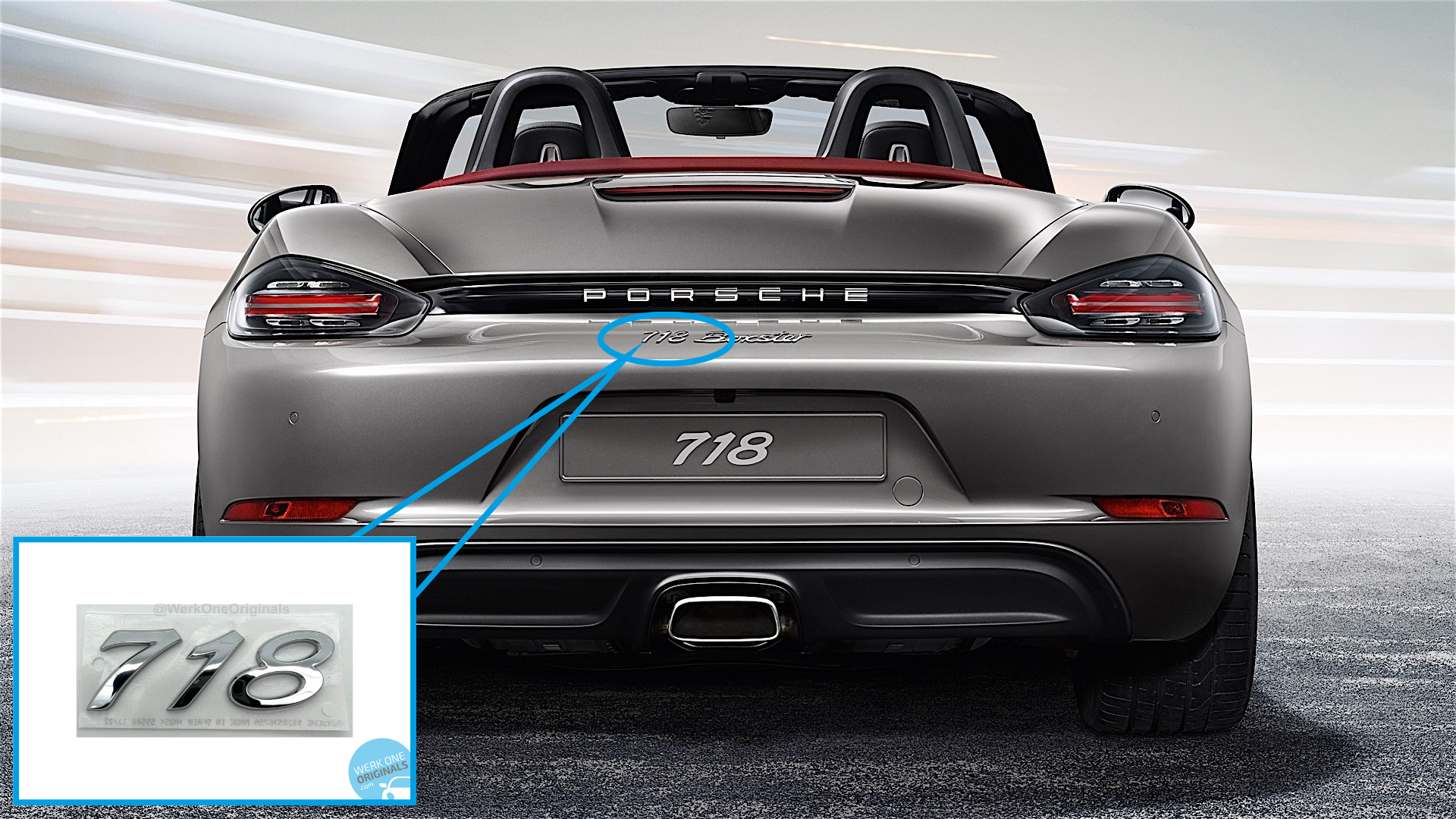 Porsche Official '718' Rear Badge in Chrome Silver for 718 Boxster & Cayman Models